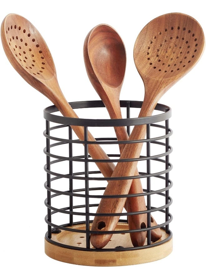 WDT Tool Utensil holder for Kitchen Counter - 5.2" x 5.2" x 6" Large Round Utensils Holder with Wooden Base Matte Black Cooking Utensil Holder，Kitchen countertop Utensil Organizer (Metal) - Image 1
